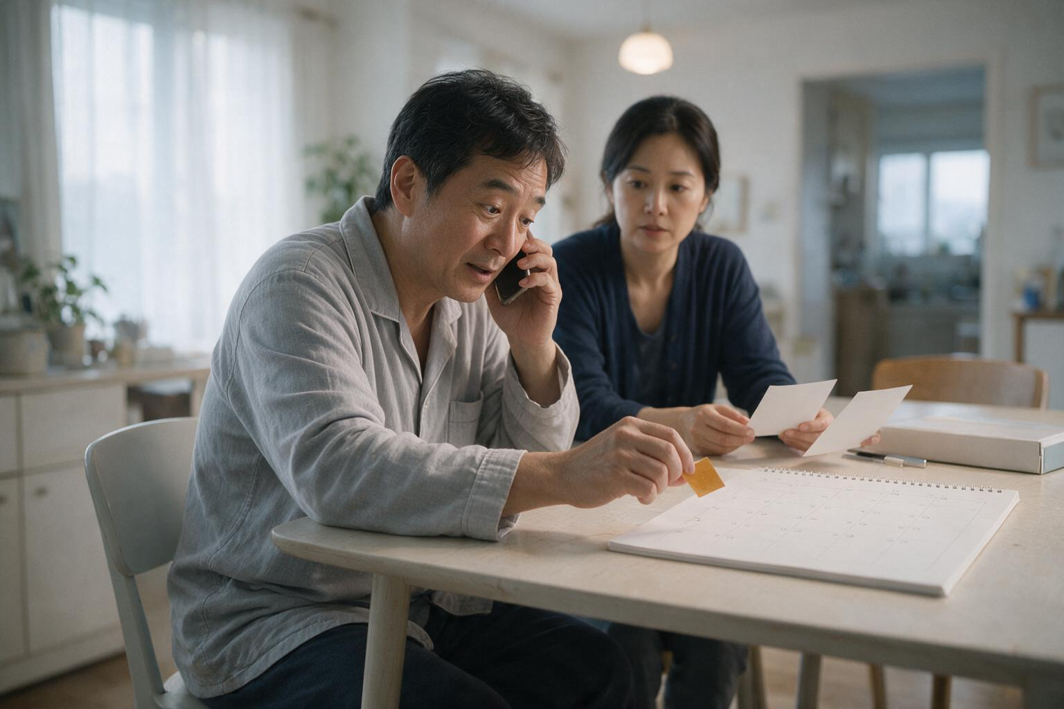 患者与家属在家中整理复诊日程与资料
